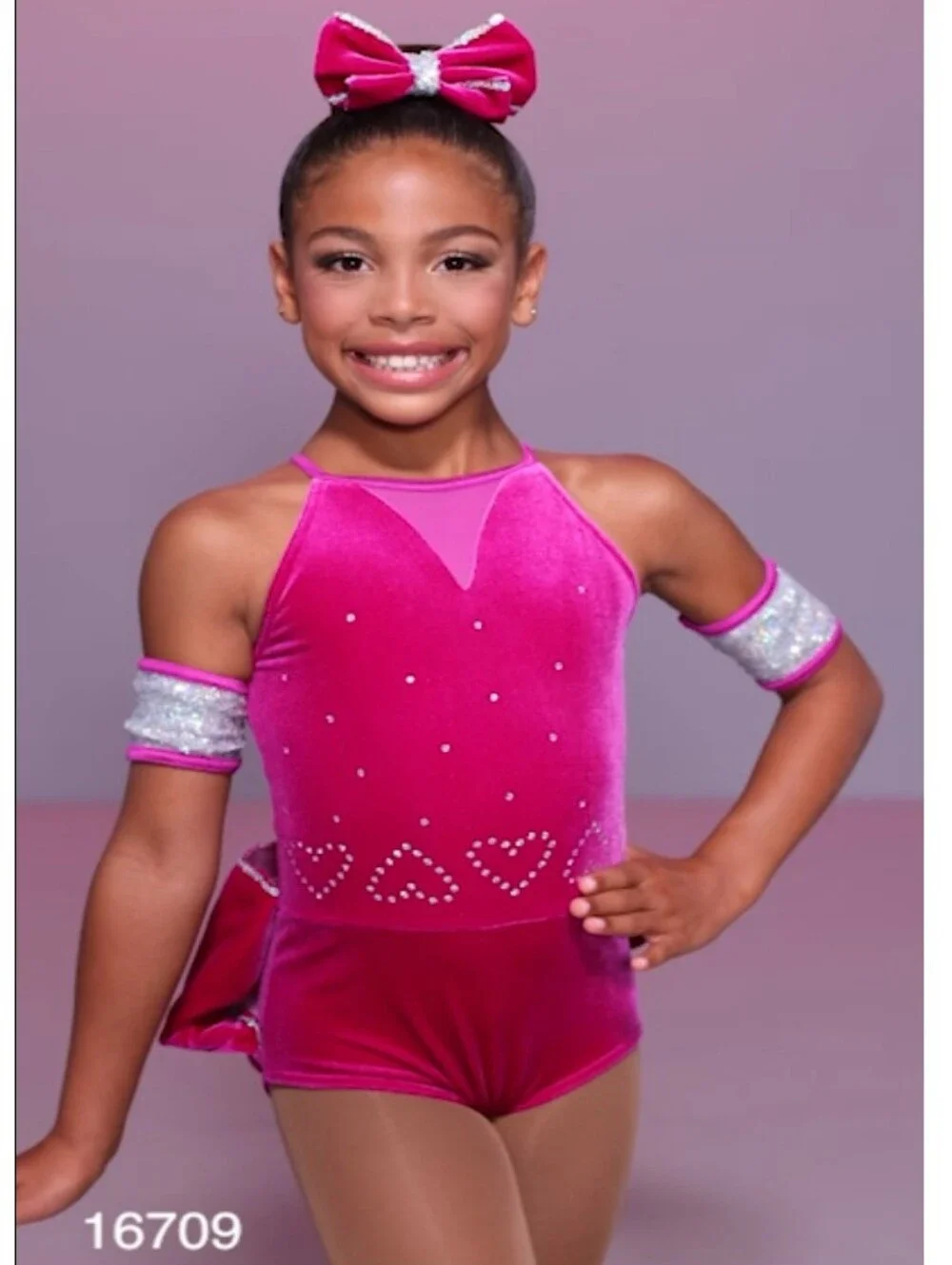 Weissman Girls Magenta Pink Velvet Rhinestone Leotard W/ Big Bow Dance Costume